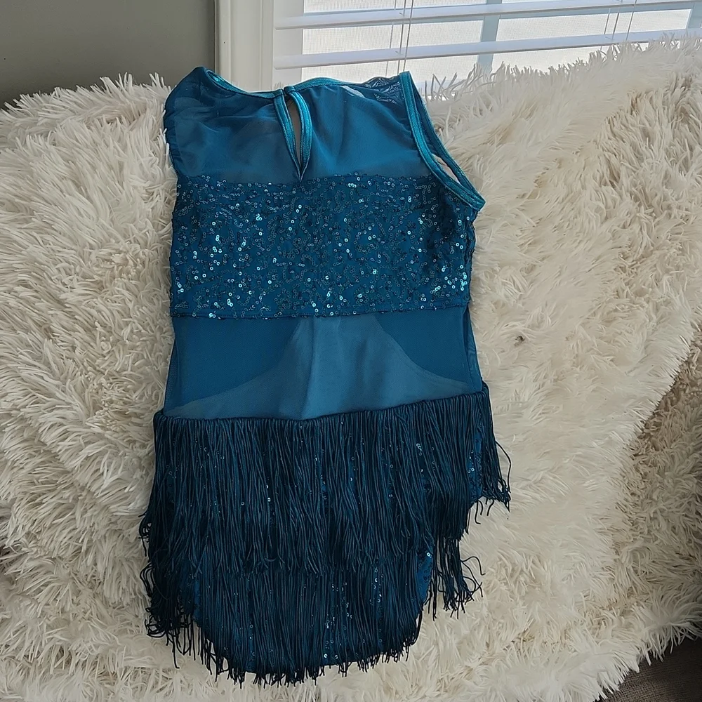 EUC Balera Wisseman Dance Teal Sequin Leotard With Fringe Size LC
